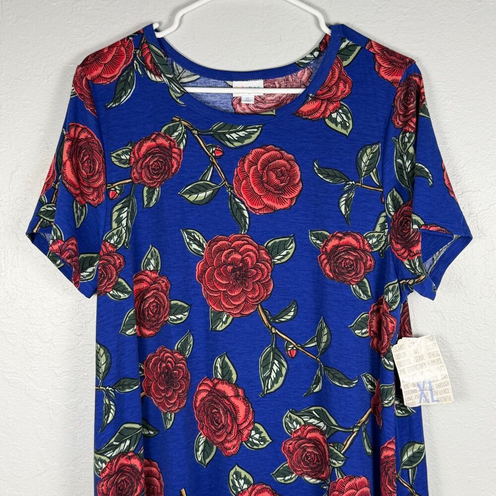 LuLaRoe Carly Dress XL Blue Red Rose Floral High Low Swing Midi Stretch Women's - Picture 5 of 6